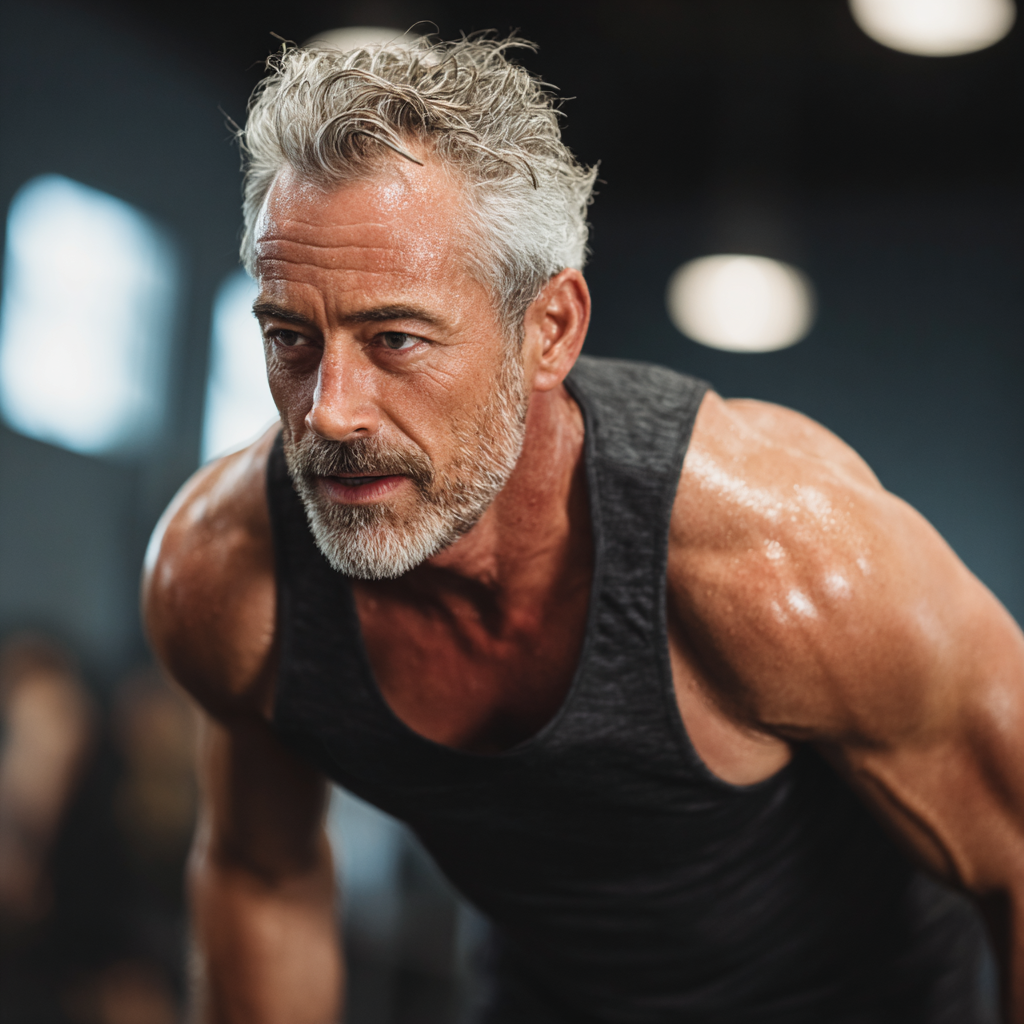 50 years old fitness enthusiast performing dynamic workout in contemporary training facility