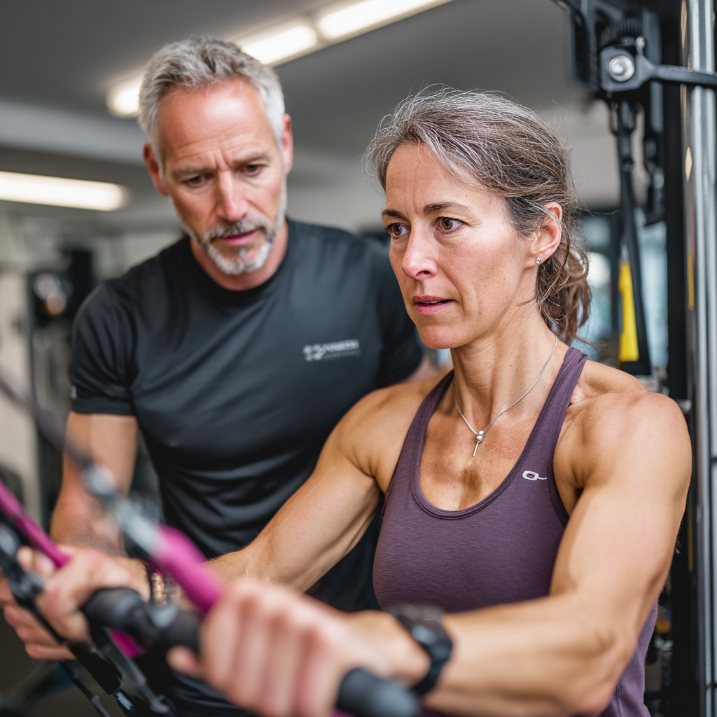 51 years old adults engaging in functional fitness training with professional guidance