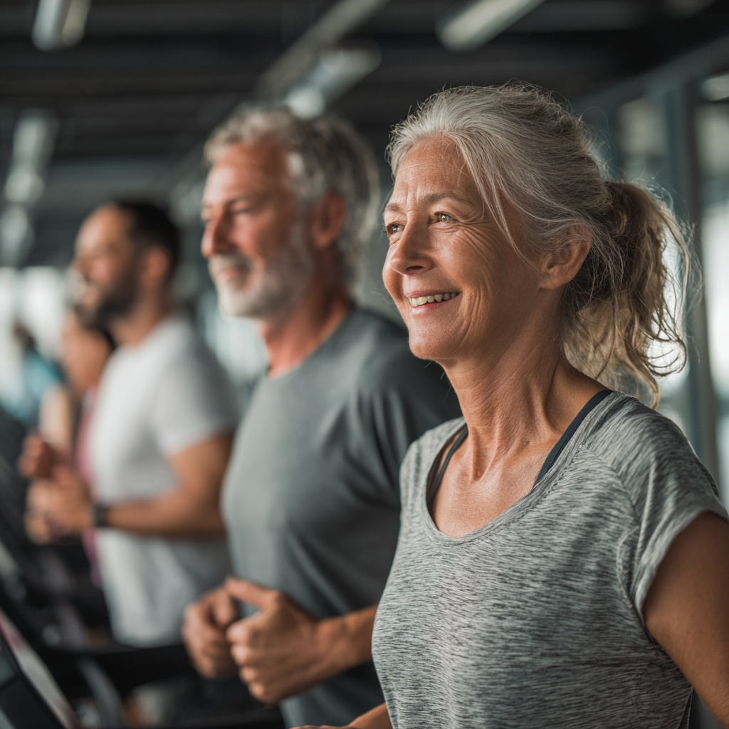 group of 52 years old adults at cardio training in modern snurlovek facility